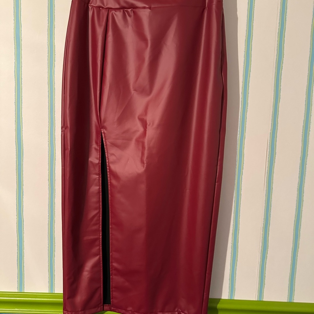 Faux Leather Burgundy Midi Skirt with Front Slit